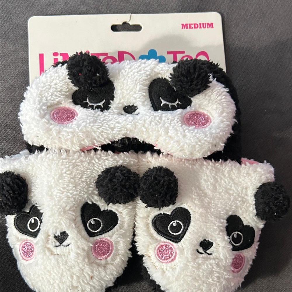 Limited Too Black and White Fuzzy Panda Slippers & Eye mask